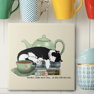 Azulejo De Cerâmica Livros Aconchegantes Gato Smoking Chá Chaleira Ver