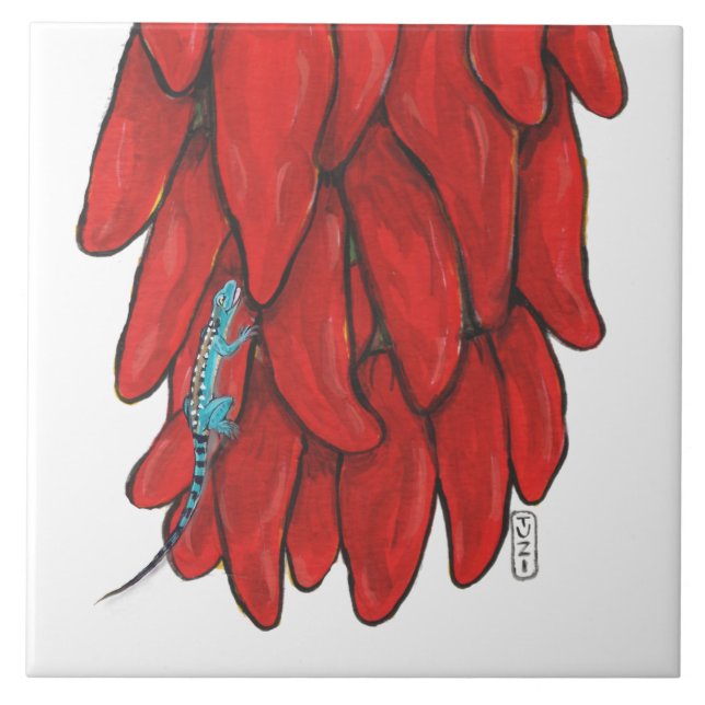 Azulejo De Cerâmica Lizard e Red Chile Pepper Ristra Mural (Frente)