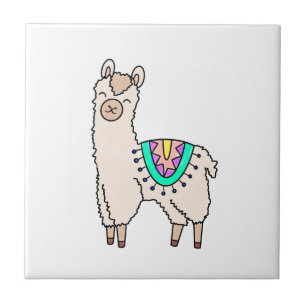 Azulejo De Cerâmica llama alpaca de desenho animado sorridente e feliz