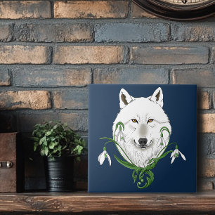 Azulejo De Cerâmica Lobo Ártico Branco Místico Flor-de-Neve Azul de In
