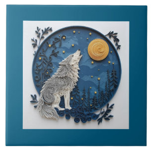 Azulejo De Cerâmica Lobo Cinzento Elegante Uivando para a Lua