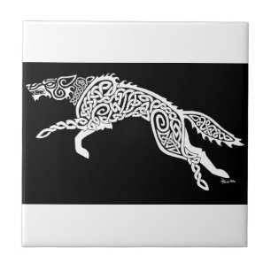 Azulejo De Cerâmica Lobo de Knotwork, branco no preto