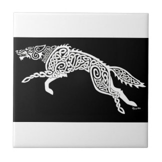 Azulejo De Cerâmica Lobo de Knotwork, branco no preto