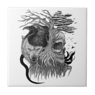 Azulejo De Cerâmica Lobo e Raven com crânio