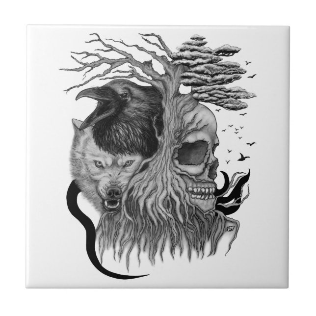 Azulejo De Cerâmica Lobo e Raven com crânio (Frente)
