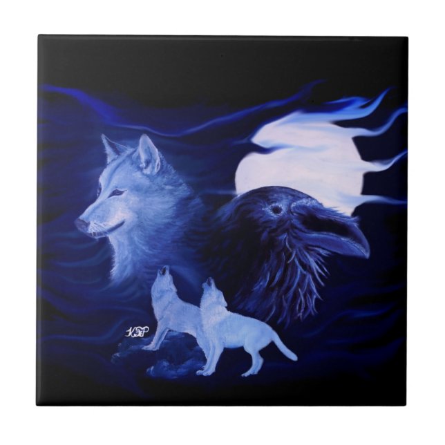 Azulejo De Cerâmica Lobo e Raven com lua de cheio (Frente)