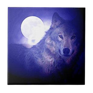 Azulejo De Cerâmica Lobo, Lua e Noite Azul