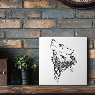 Azulejo De Cerâmica Lobo Negro Tribal Howl
