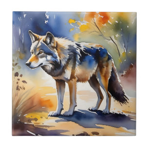 Azulejo De Cerâmica Lobo numa pintura de aquarela florestal