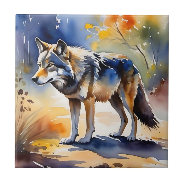 Azulejo De Cerâmica Lobo numa pintura de aquarela florestal (Frente)