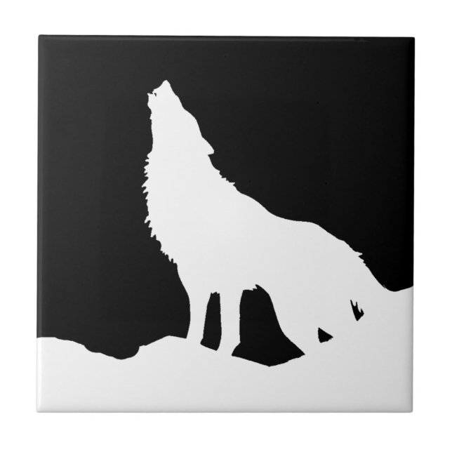 Azulejo De Cerâmica Lobo Pop de Arte Preto e Branco Único (Frente)
