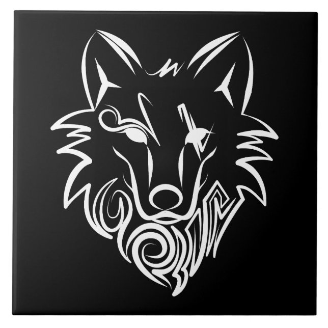 Azulejo De Cerâmica Lobo Tribal Negro e Branco (Frente)