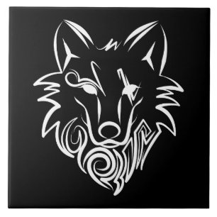 Azulejo De Cerâmica Lobo Tribal Preto e Branco