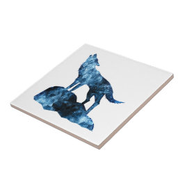 Azulejo De Cerâmica Lobo uivando silhueta de fumaça cintilante azul