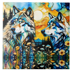 Azulejo De Cerâmica Lobos-cinzas e flores selvagens