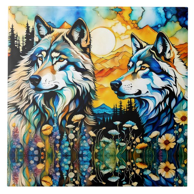 Azulejo De Cerâmica Lobos-cinzas e flores selvagens (Frente)