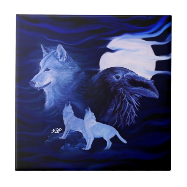Azulejo De Cerâmica Lobos e Raven com lua de cheio (Frente)