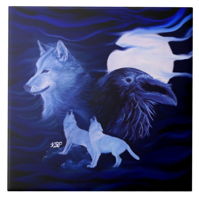 Azulejo De Cerâmica Lobos e Raven com lua de cheio (Frente)