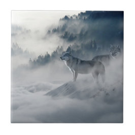Azulejo De Cerâmica Lobos numa paisagem de inverno