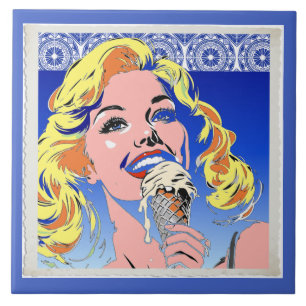 Azulejo De Cerâmica Loira Comendo Sorvete Colorido Estilo Pop Art dos