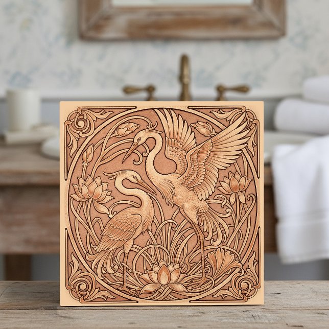 Azulejo De Cerâmica Lotus & Crane Art Nouveau Pat#8 Terra Cotta ID1193 (Criador carregado)