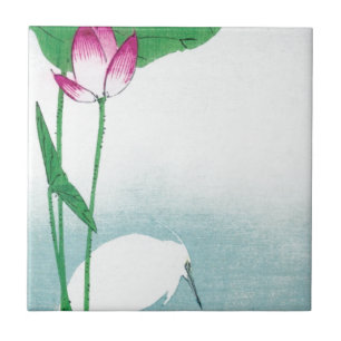 Azulejo De Cerâmica Lotus e White Heron, Koson, Ukiyo-e