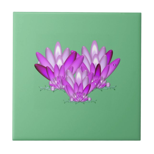 Azulejo De Cerâmica Lotus floresce rosa sobre fundo verde marinho (Frente)