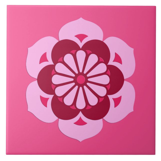 Azulejo De Cerâmica Lotus Flower Mandala, Fuchsia Pink e Burgundy (Frente)