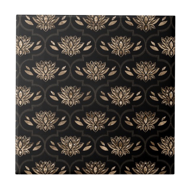 Azulejo De Cerâmica Lotus Flowers - preto e ouro (Frente)