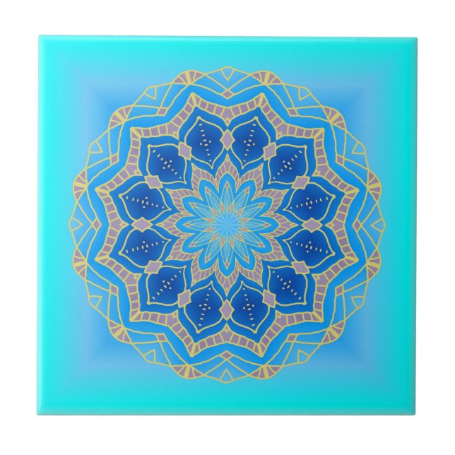 Azulejo De Cerâmica Lotus mandala em turquesa e azul (Frente)