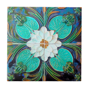 Azulejo De Cerâmica Lótus Sapo Azul Vintage Português 