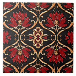 Azulejo De Cerâmica Lótus Vermelho Regal e Padrão de Filigrana Dourada