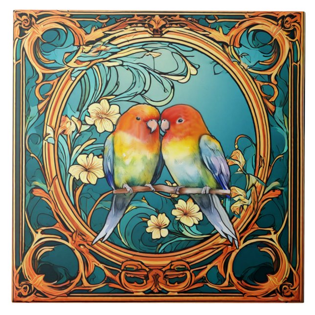 Azulejo De Cerâmica Love Birds Art Deco Nouveau (Frente)