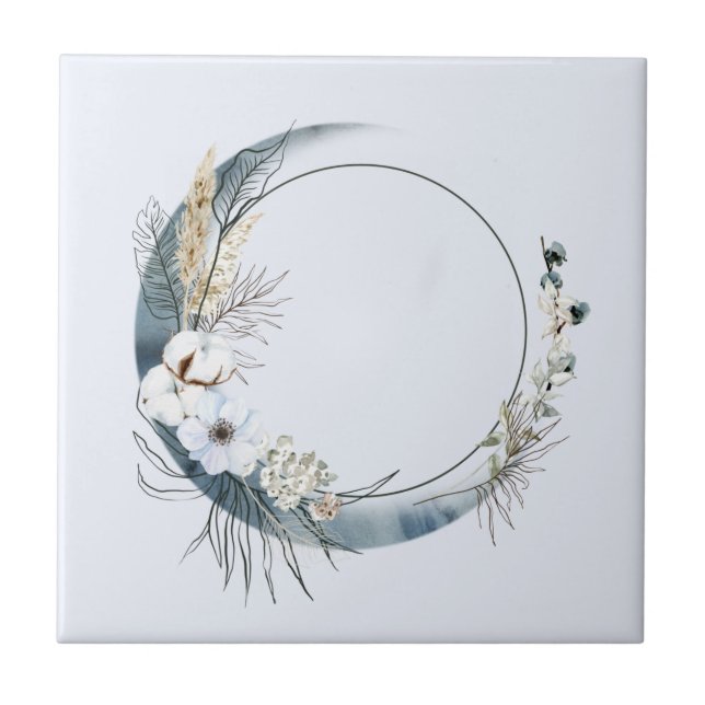 Azulejo De Cerâmica Lua azul crescendo com flores brancas (Frente)