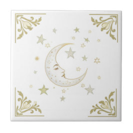 Azulejo De Cerâmica Lua Celestial com Face & Estrelas Dourado Branco D