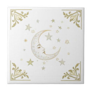 Azulejo De Cerâmica Lua Celestial com Face & Estrelas Dourado Branco D