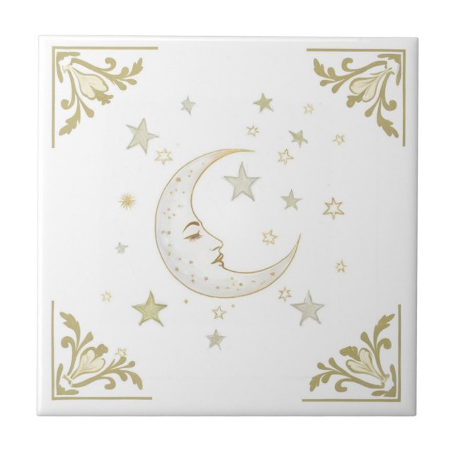 Azulejo De Cerâmica Lua Celestial com Face & Estrelas Dourado Branco D (Frente)