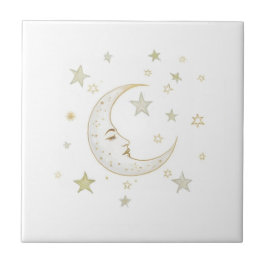 Azulejo De Cerâmica Lua Celestial com Face & Estrelas Dourado Prata Br