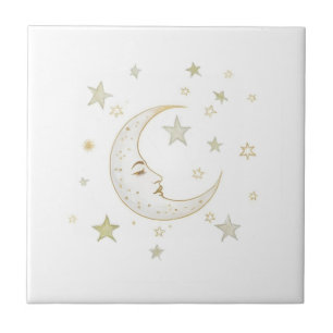 Azulejo De Cerâmica Lua Celestial com Face & Estrelas Dourado Prata Br