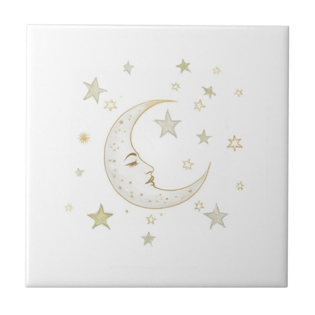 Azulejo De Cerâmica Lua Celestial com Face & Estrelas Dourado Prata Br (Frente)