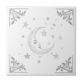 Azulejo De Cerâmica Lua Celestial com Face & Estrelas Prata e Branco