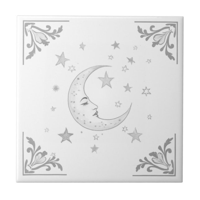 Azulejo De Cerâmica Lua Celestial com Face & Estrelas Prata e Branco (Frente)