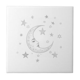Azulejo De Cerâmica Lua Celestial com Rosto & Estrelas Prata e Branco