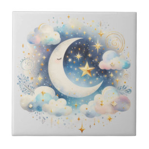 Azulejo De Cerâmica Lua Crescente Azul e Branco Celestial Boho Moderno
