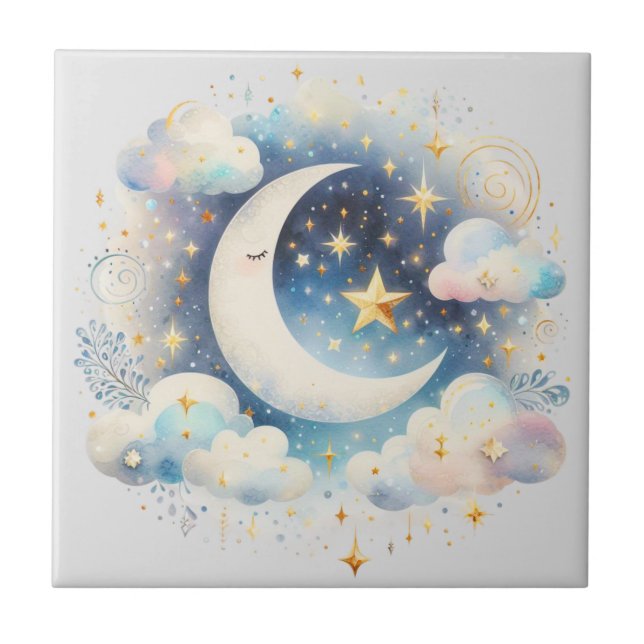 Azulejo De Cerâmica Lua Crescente Azul e Branco Celestial Boho Moderno (Frente)