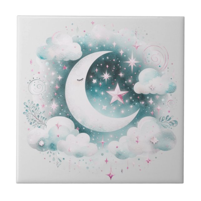Azulejo De Cerâmica Lua Crescente Azul e Branco Celestial Boho Moderno (Frente)