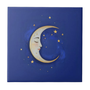 Azulejo De Cerâmica Lua Crescente Celestial com Face Dourada Azul Escu