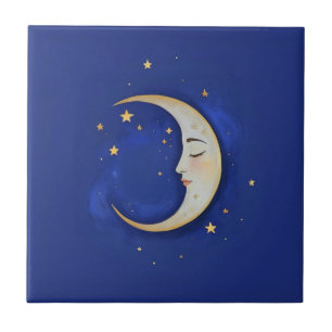 Azulejo De Cerâmica Lua Crescente Celestial com Rosto Dourado Azul Esc
