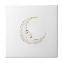 Azulejo De Cerâmica Lua Crescente Celestial Face Dourado Prata Branco