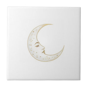 Azulejo De Cerâmica Lua Crescente Celestial Face Dourado Prata Branco